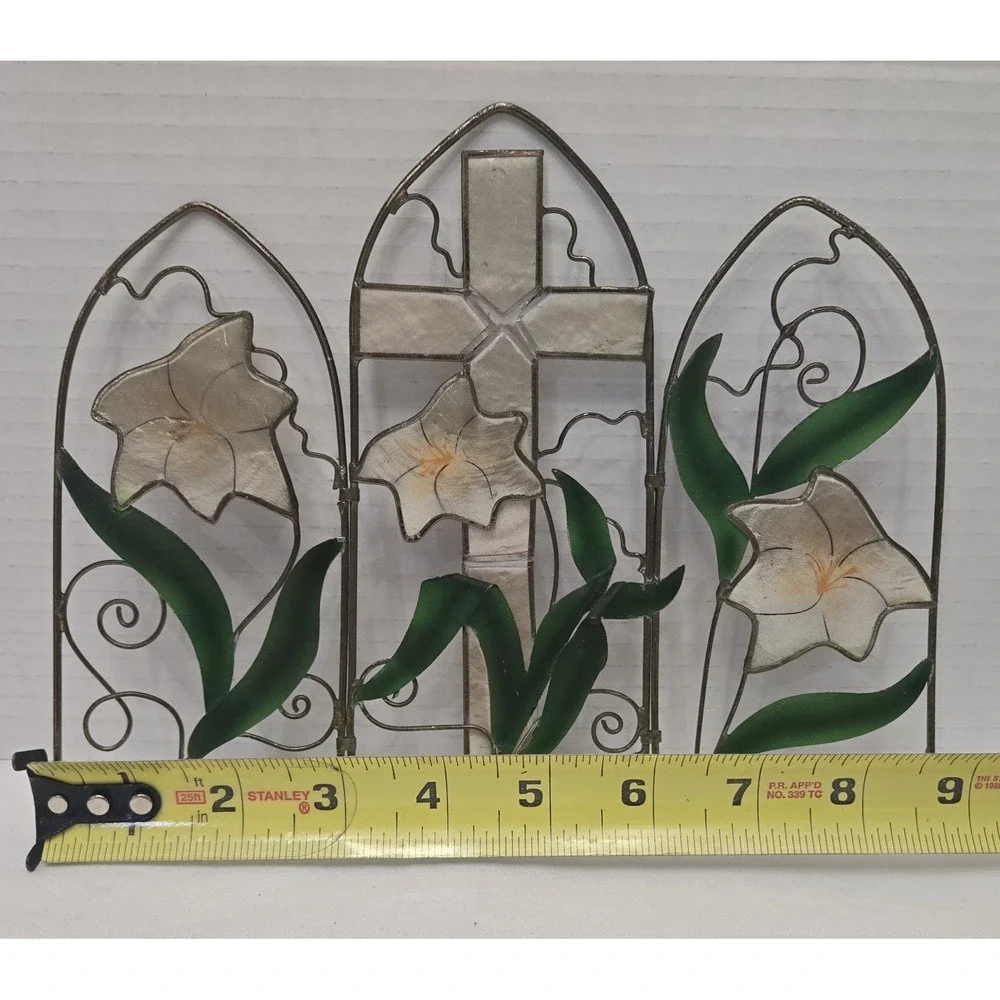 Vtg Capiz Shell Cross Calla Lily Triptych Panel 7.5